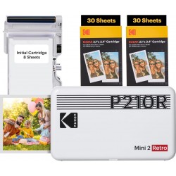 Imprimante photo portable KODAK Mini 2 Retro 4PASS (5,3x8,6cm) + paquet de 68 feuilles, blanc